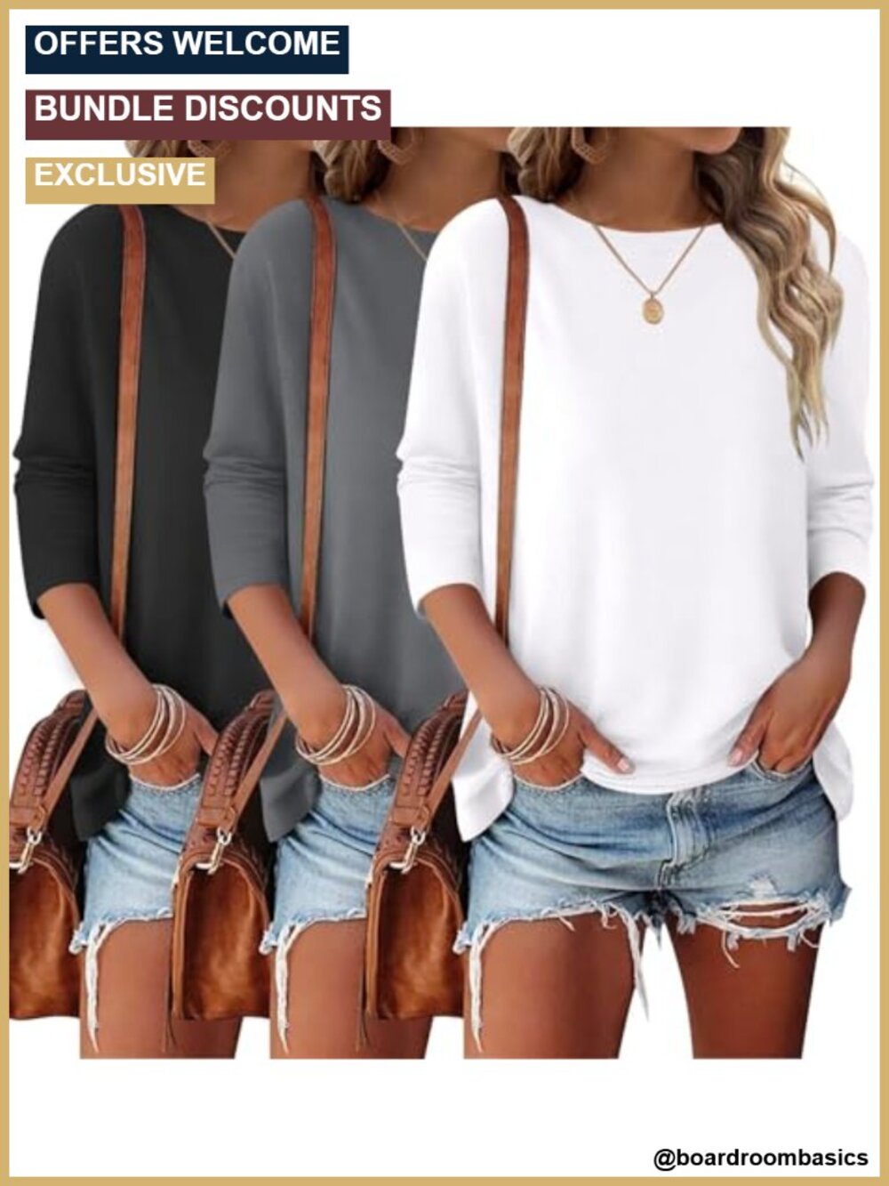 3/4 Sleeve Crewneck Basic Casual Tees Loose Fit Womens Tops 3 Pack